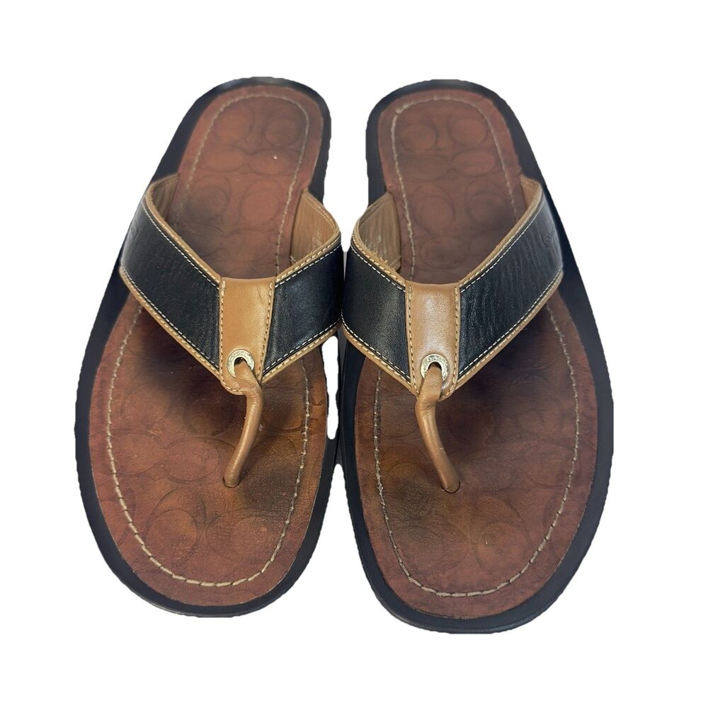 Coach Mens Leather Flip Flop Sandals Brown Black Thong Slides Size 13M Casual